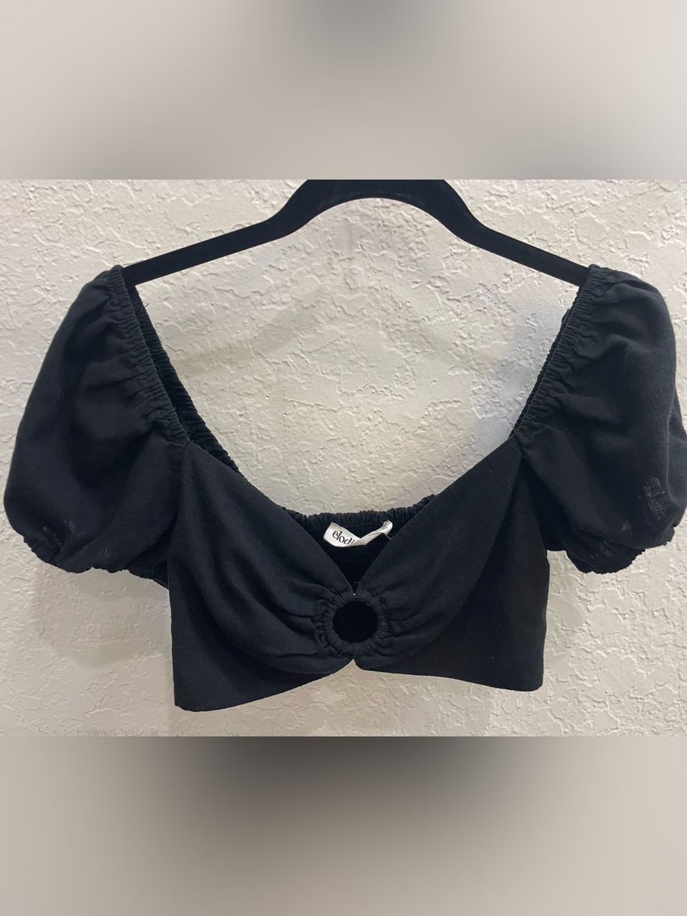 Elodie Black Puff-Sleeve Ring-Front Crop Top